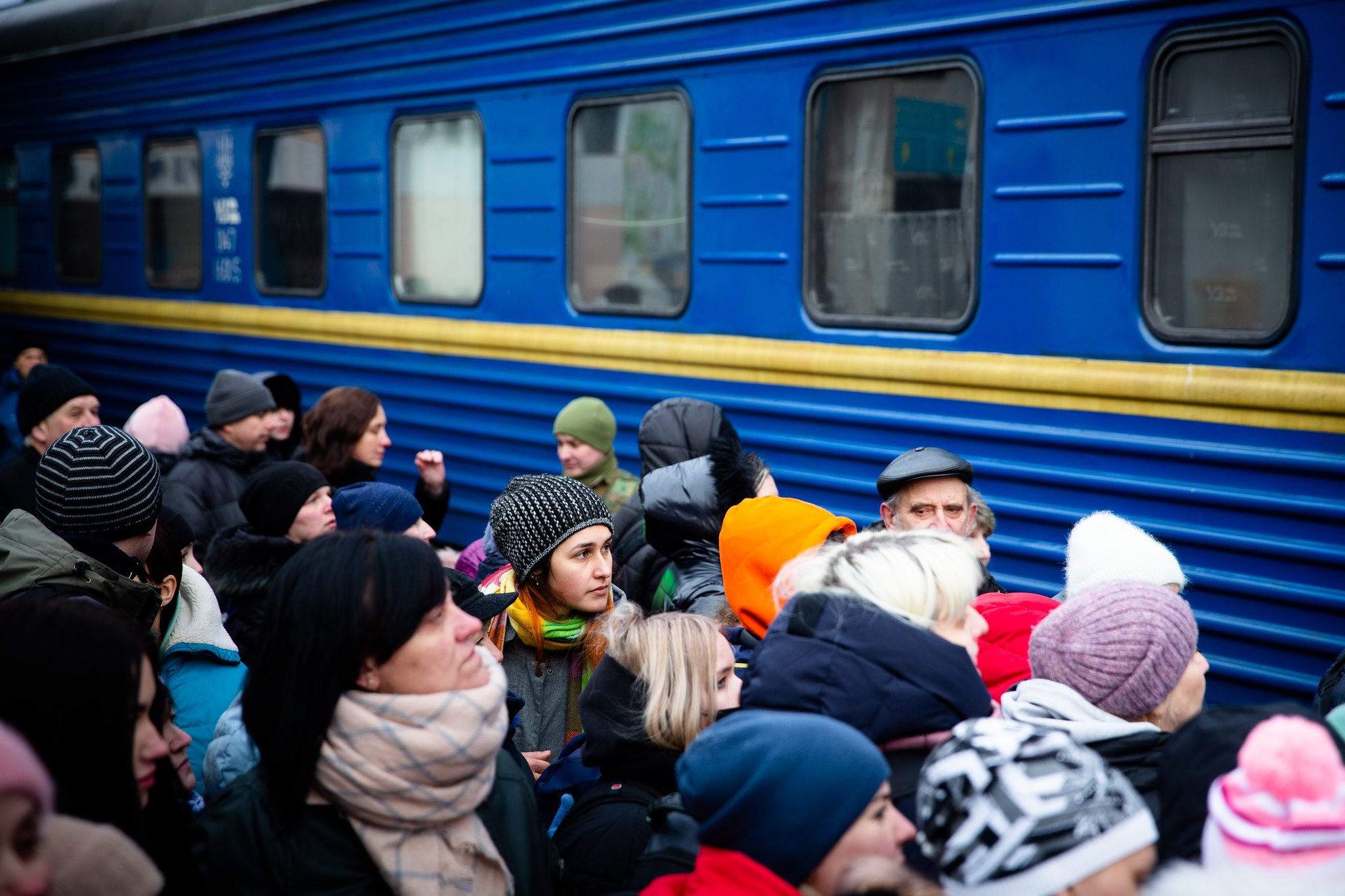ARC Ltd - Refugees, mostly women and children, board train going west from Zaporizhzhya in eastern Ukraine to escape the Russian advance, Sturday, March 5, 2022. Fighting aged men from 18 to 60 are not allowed to leave the country. .jpg